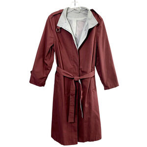 Vintage Women Trench Coat Size 10 Rain or Shine Burgundy Red Gray Button Up Belt